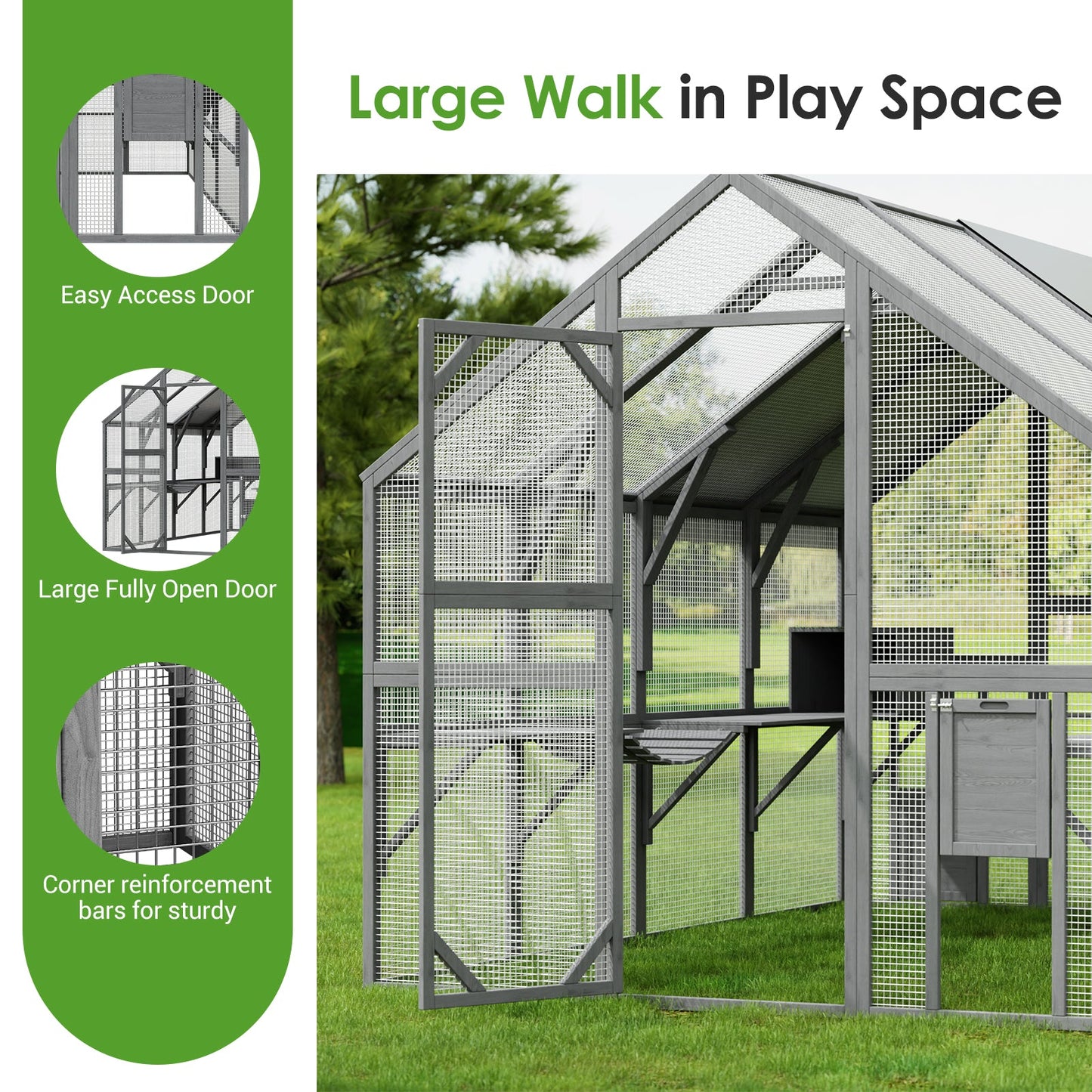 Grand enclos extérieur en bois pour chats, comprenant des niches, des ponts et des allées.