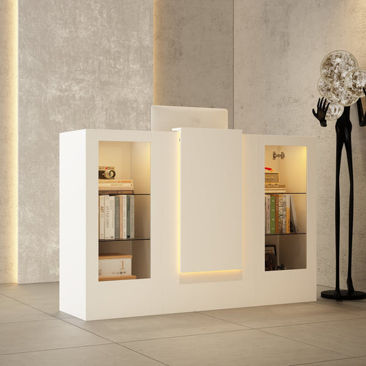 Comptoir d'accueil de 150 cm de large avec vitrines, éclairage LED et verre transparent
