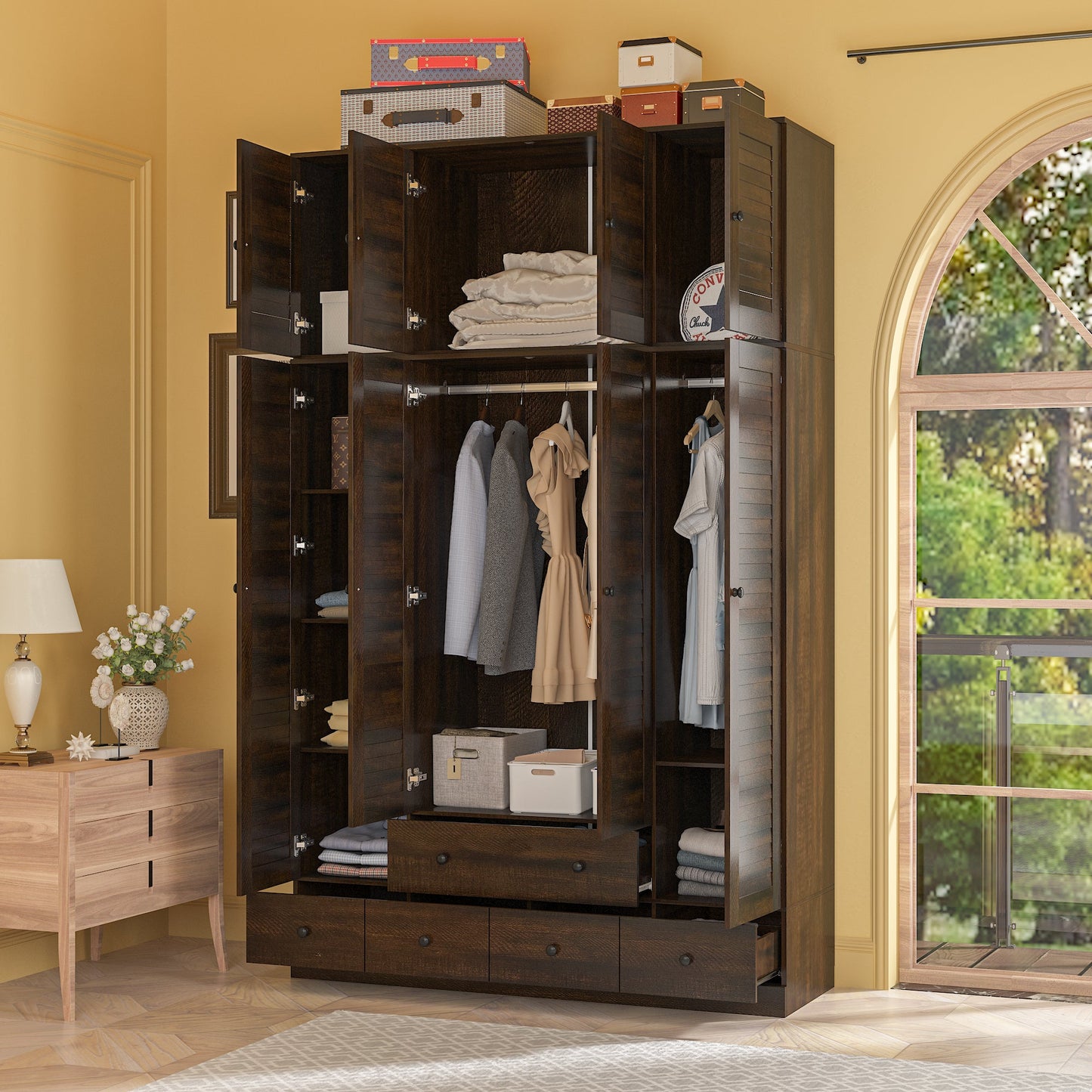 Grande armoire-penderie pour chambre à coucher, meuble de rangement à 4 portes et 5 tiroirs