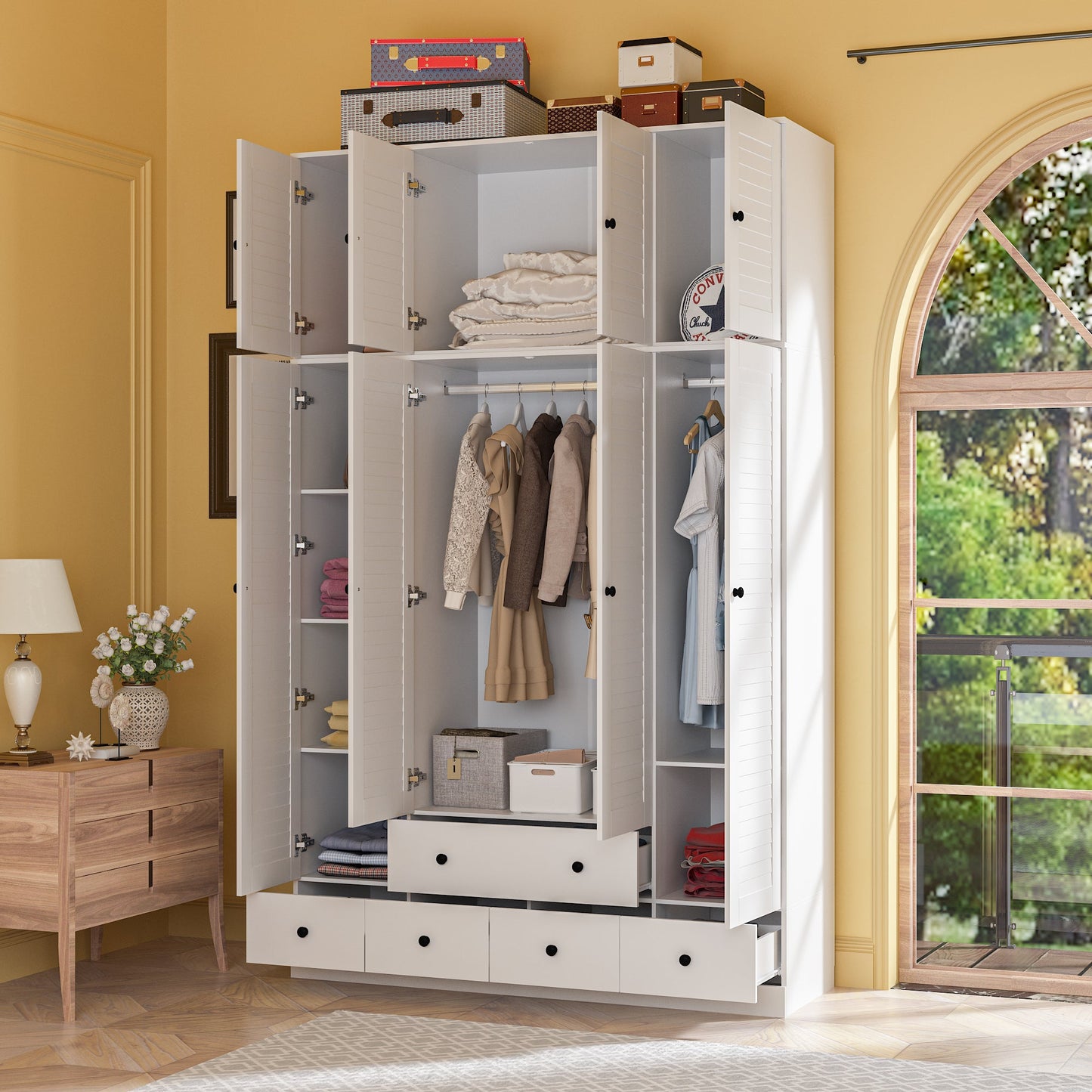 Grande armoire-penderie pour chambre à coucher, meuble de rangement à 4 portes et 5 tiroirs