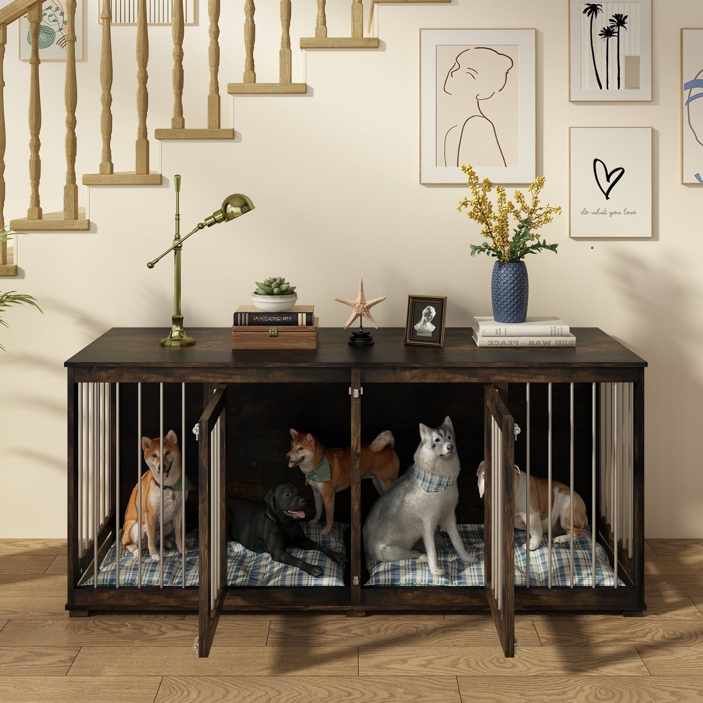 Cage pour animaux de compagnie à double porte de grande taille avec structure renforcée en acier