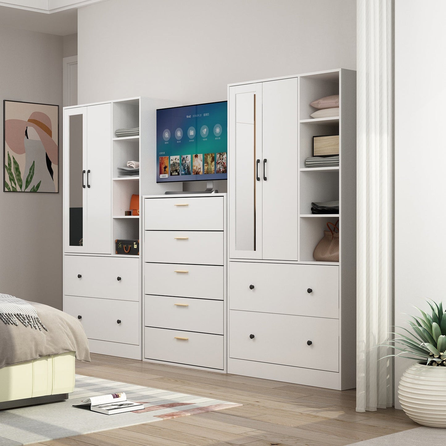 Armoire de rangement à 2 portes, 2 tiroirs et 1 miroir pour chambre à coucher