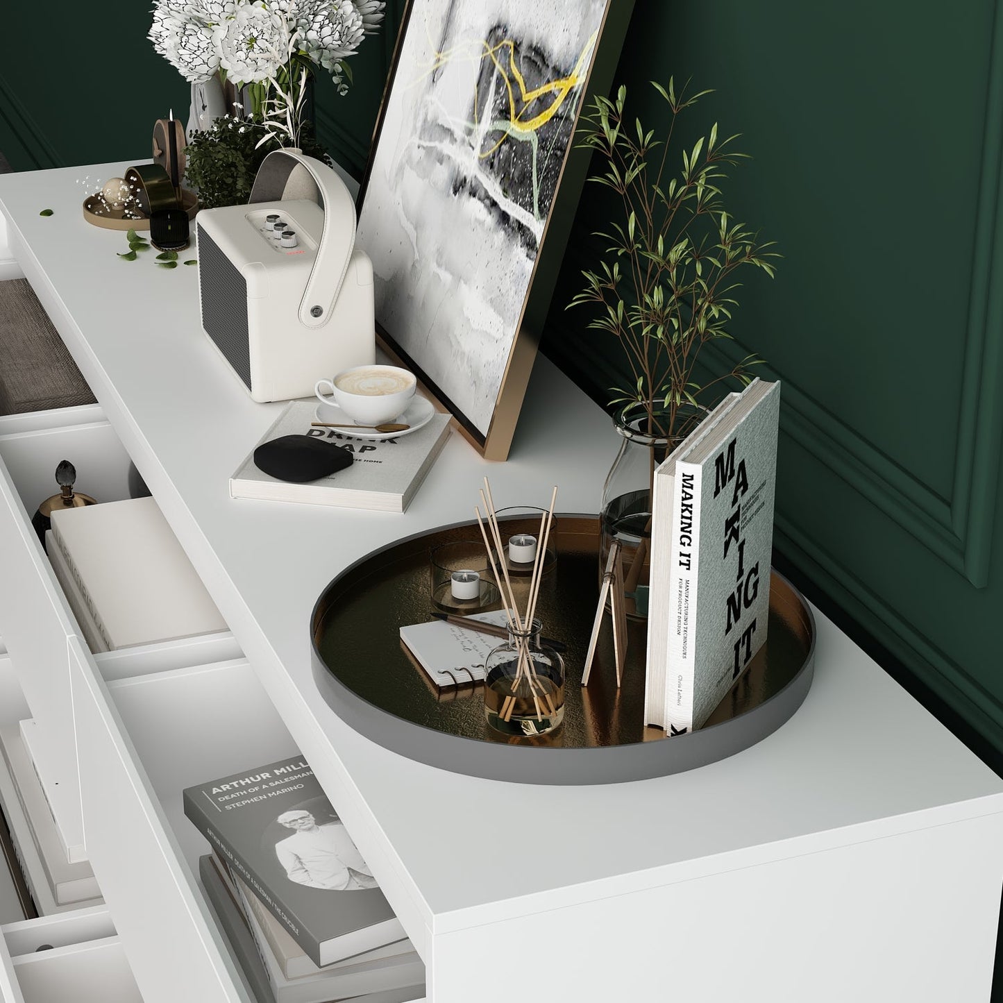 Buffet large à trois tiroirs avec rangement et 9 tiroirs