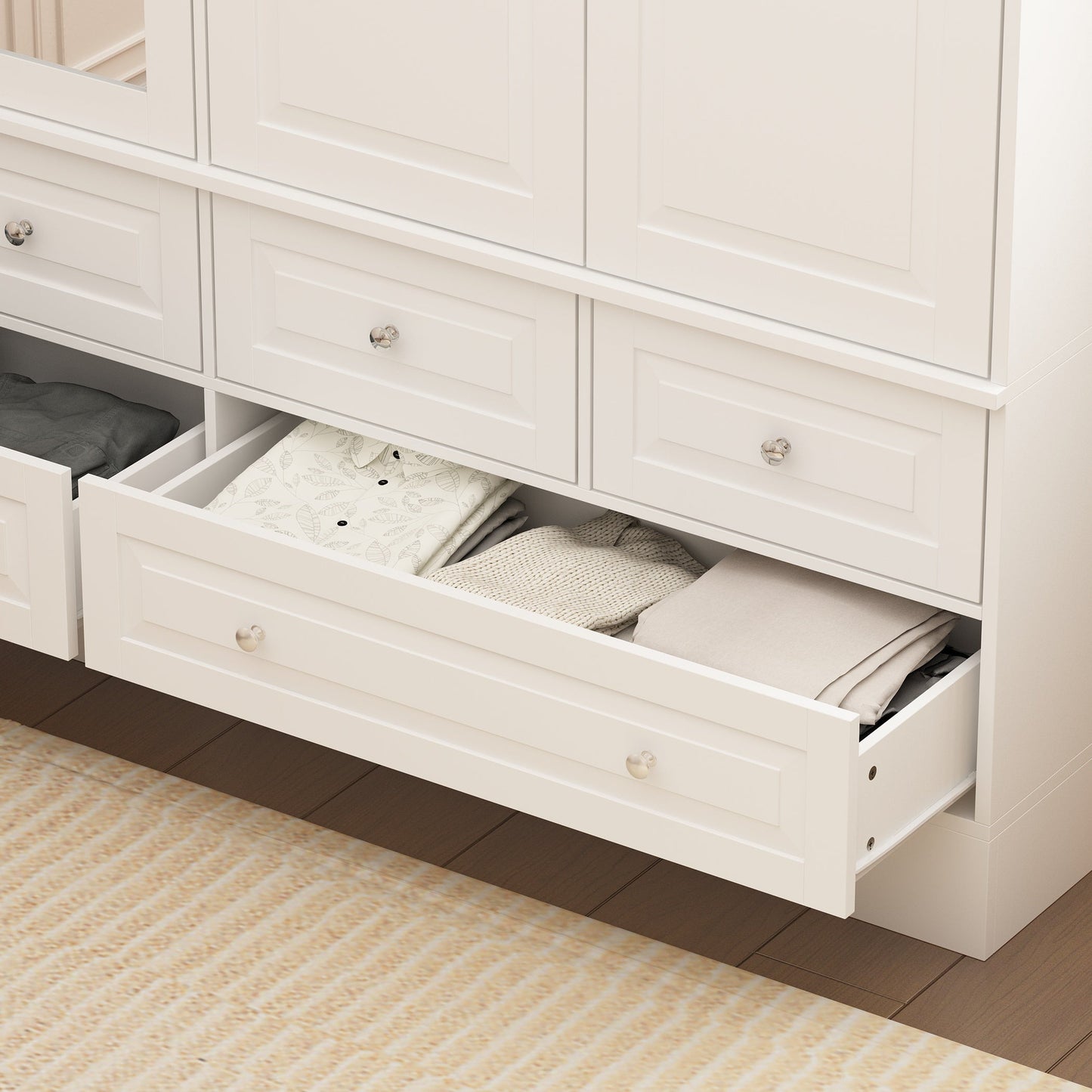 Armoire-penderie blanche élégante de 63 pouces de large avec miroir, 4 portes et 6 tiroirs