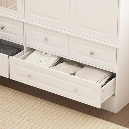 Armoire-penderie blanche élégante de 63 pouces de large avec miroir, 4 portes et 6 tiroirs