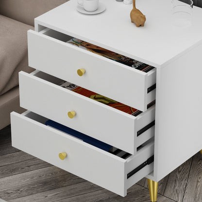 Table de chevet à 3 tiroirs avec pieds plaqués or pour petits espaces 