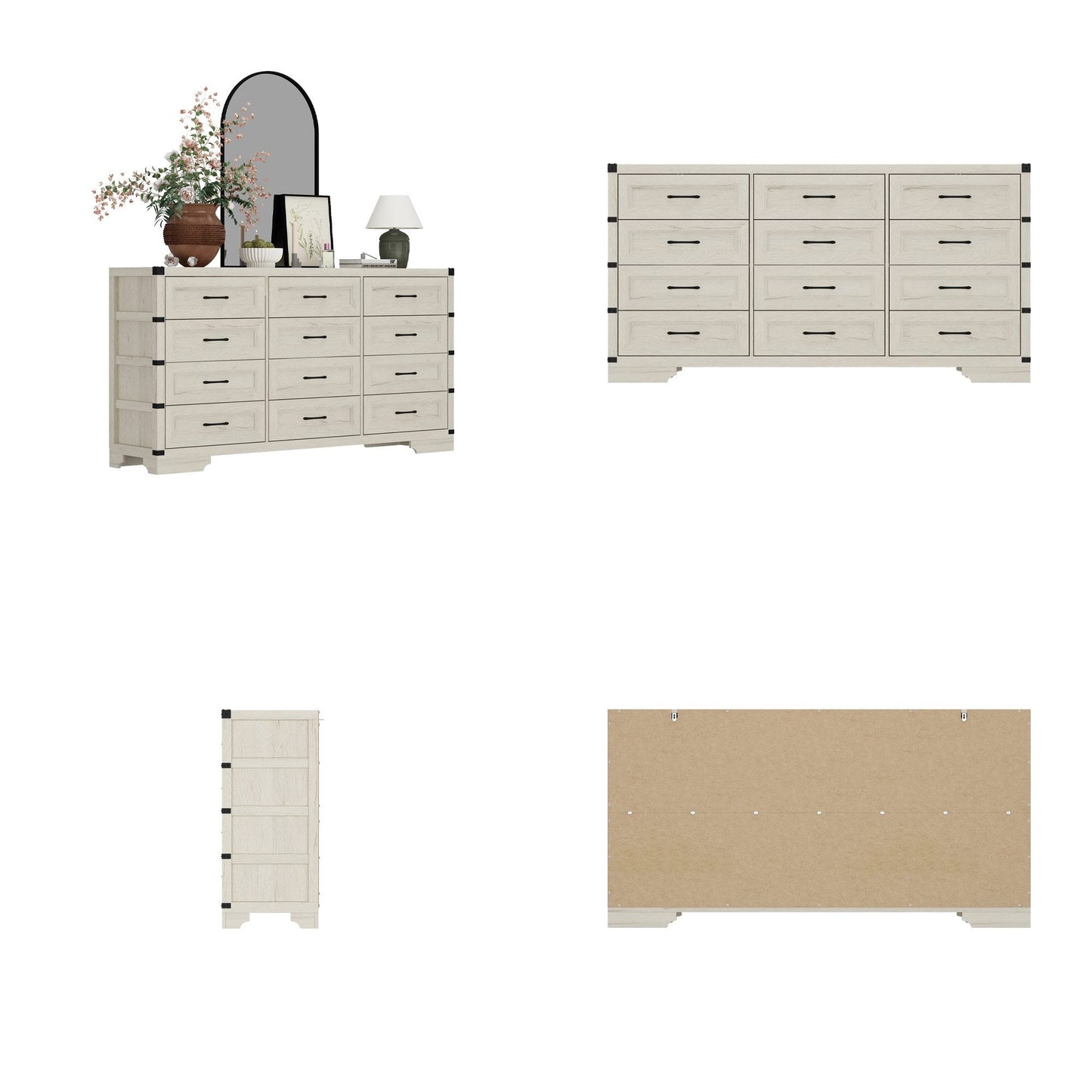 Commode rustique en bois de style campagnard, 12 tiroirs, 175,5 cm de large