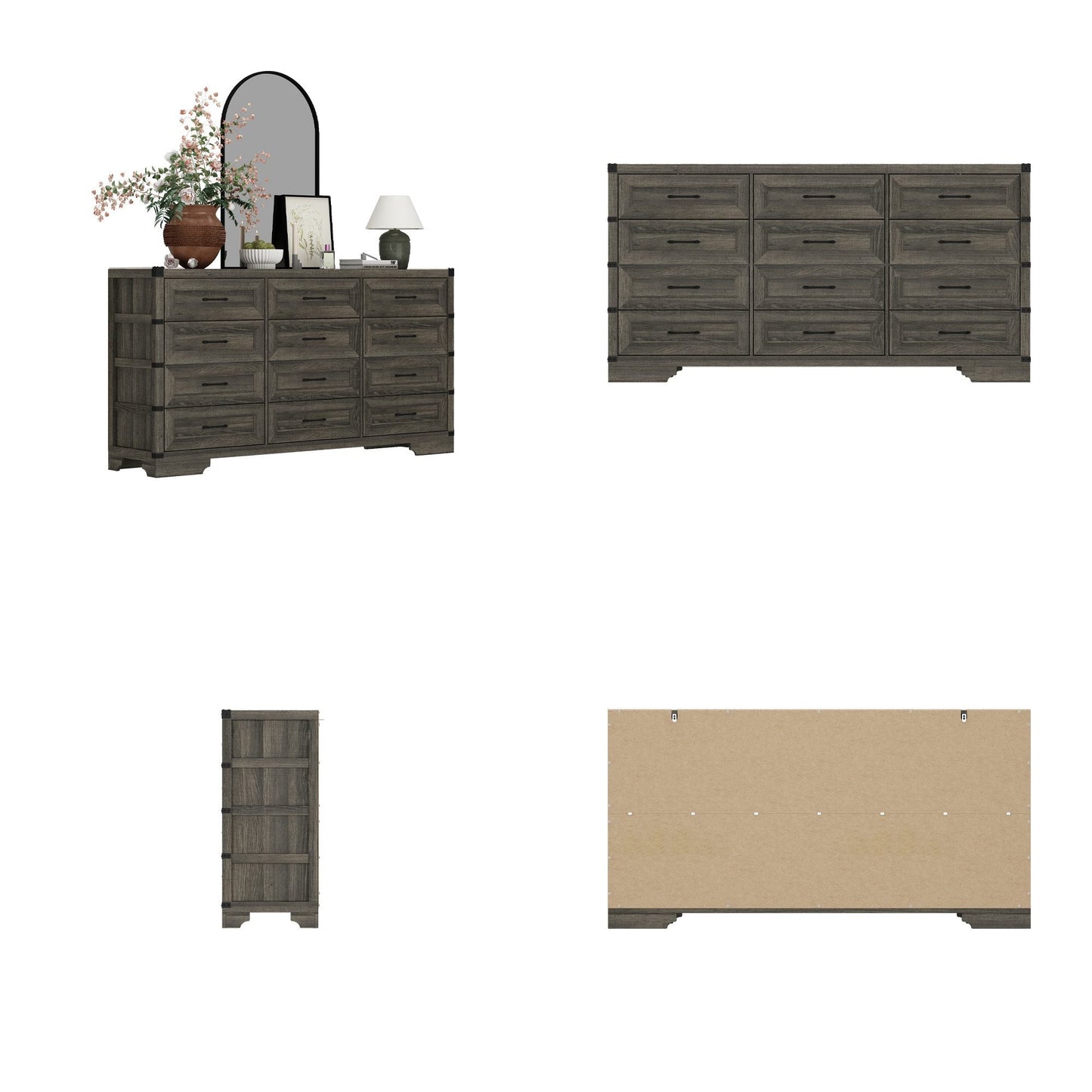 Commode rustique en bois de style campagnard, 12 tiroirs, 175,5 cm de large