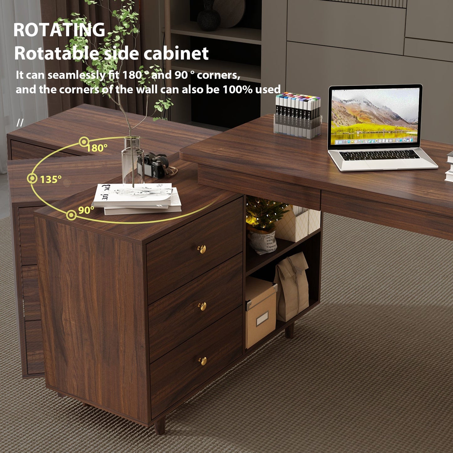 Bureau d'ordinateur en forme de L pour bureau à domicile, bureau moderne avec 3 tiroirs et pieds en bois