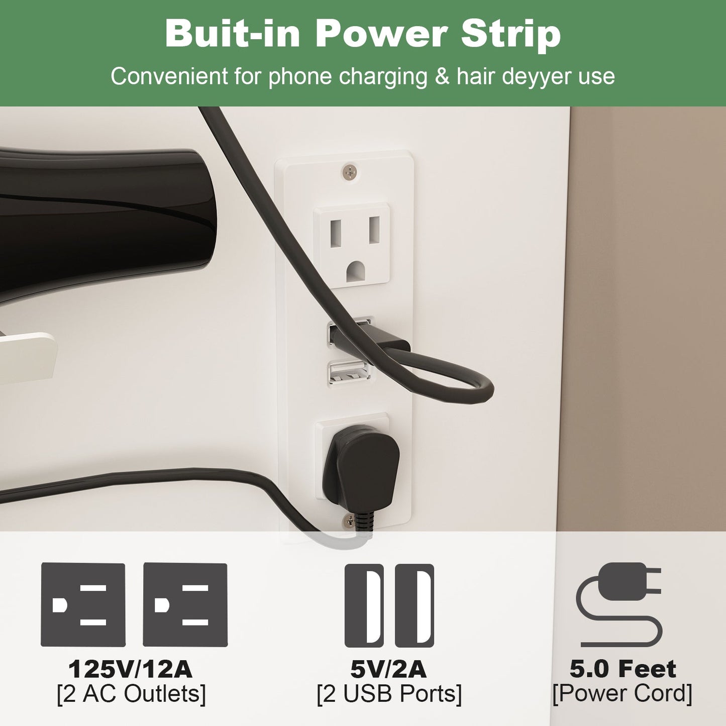 Coiffeuse avec miroir lumineux et prise électrique 