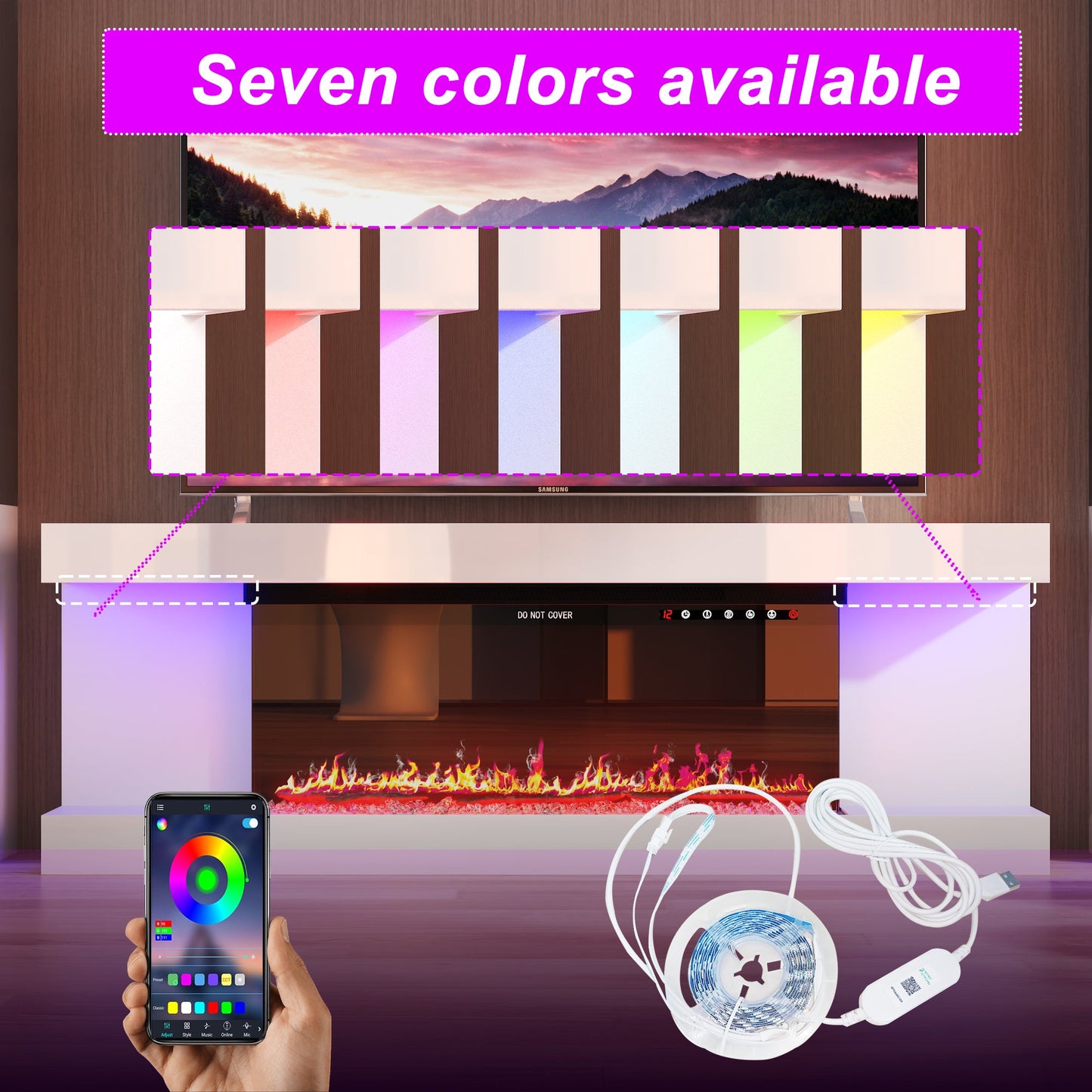 Meuble TV minimaliste et élégant avec cheminée électrique et éclairage