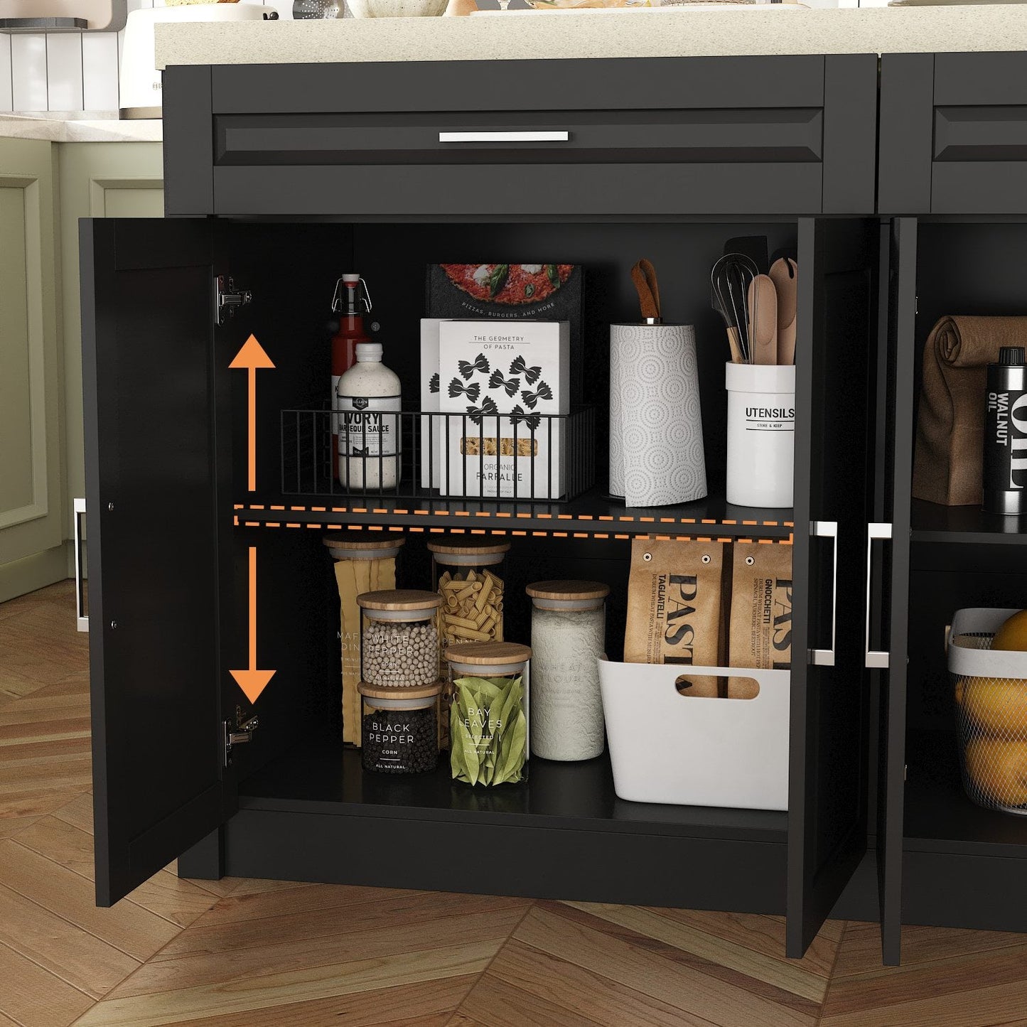 Îlot de cuisine de 61 po de largeur avec 2 tiroirs et 4 portes