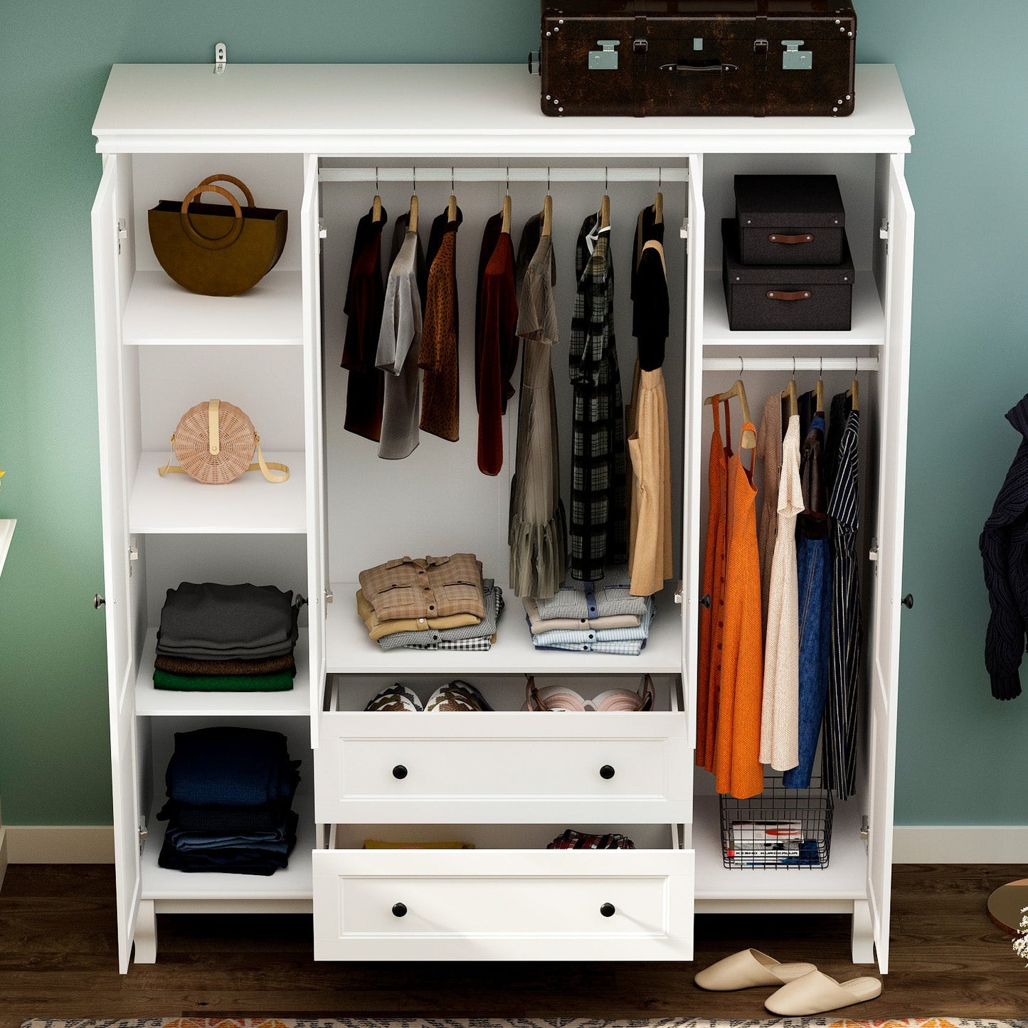Armoire-penderie avec étagères et tiroirs de rangement, finition blanche, pour chambre à coucher