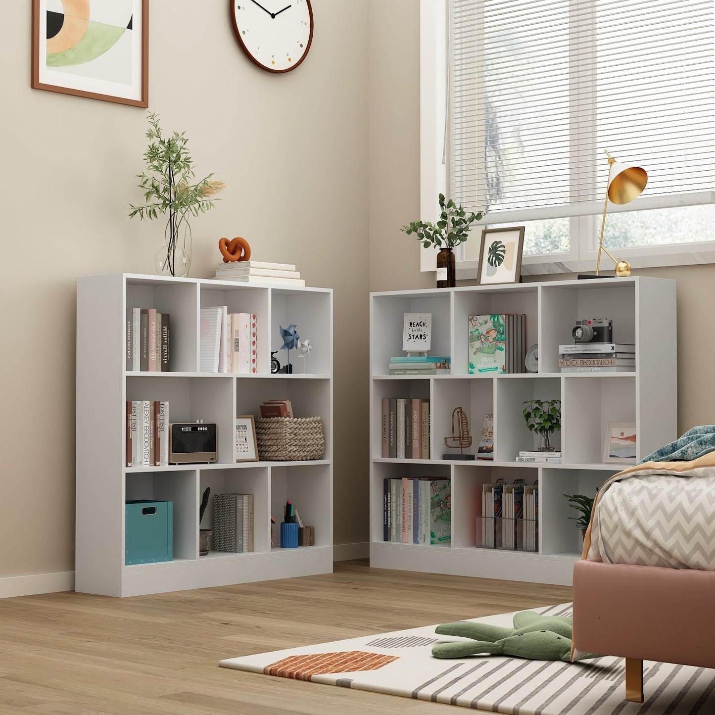 Meuble d'entrée, bibliothèque large pour enfants avec plusieurs compartiments et étagère à 3 niveaux 