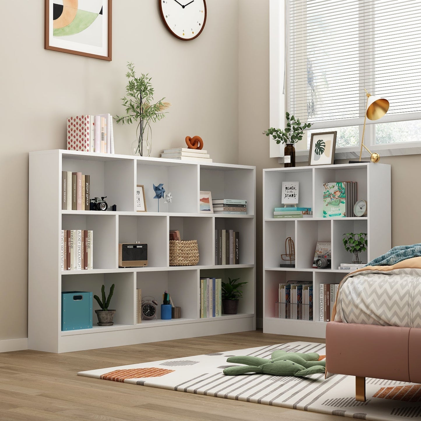 Meuble d'entrée, bibliothèque large pour enfants avec plusieurs compartiments et étagère à 3 niveaux 