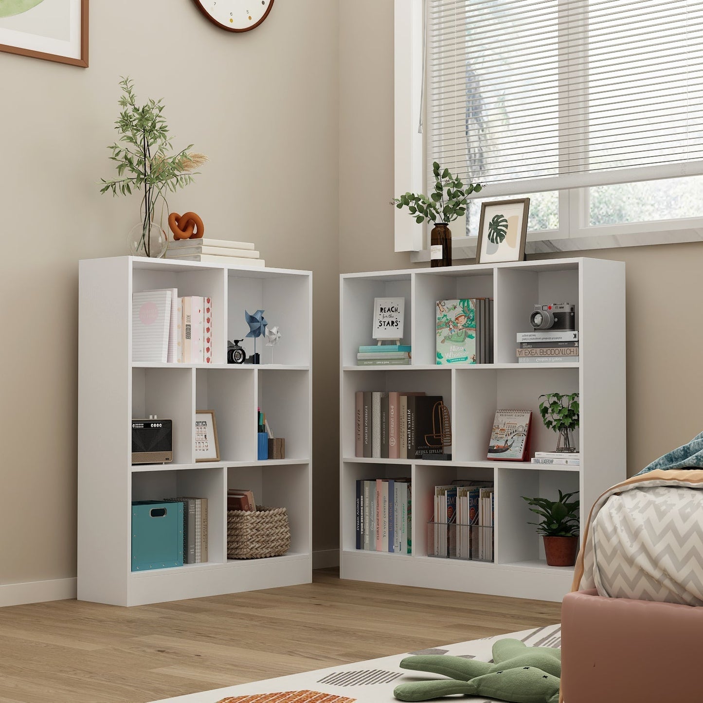 Meuble d'entrée, bibliothèque large pour enfants avec plusieurs compartiments et étagère à 3 niveaux 