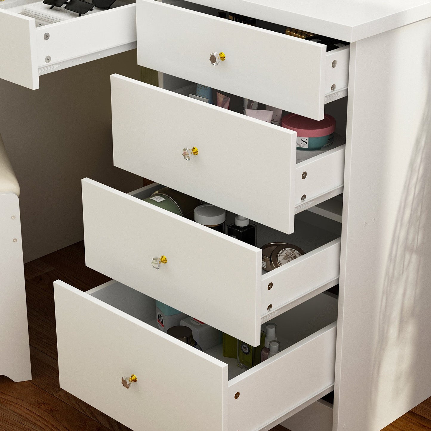 Ensemble coiffeuse avec miroir coulissant éclairé, tabouret rembourré, 5 tiroirs et étagères