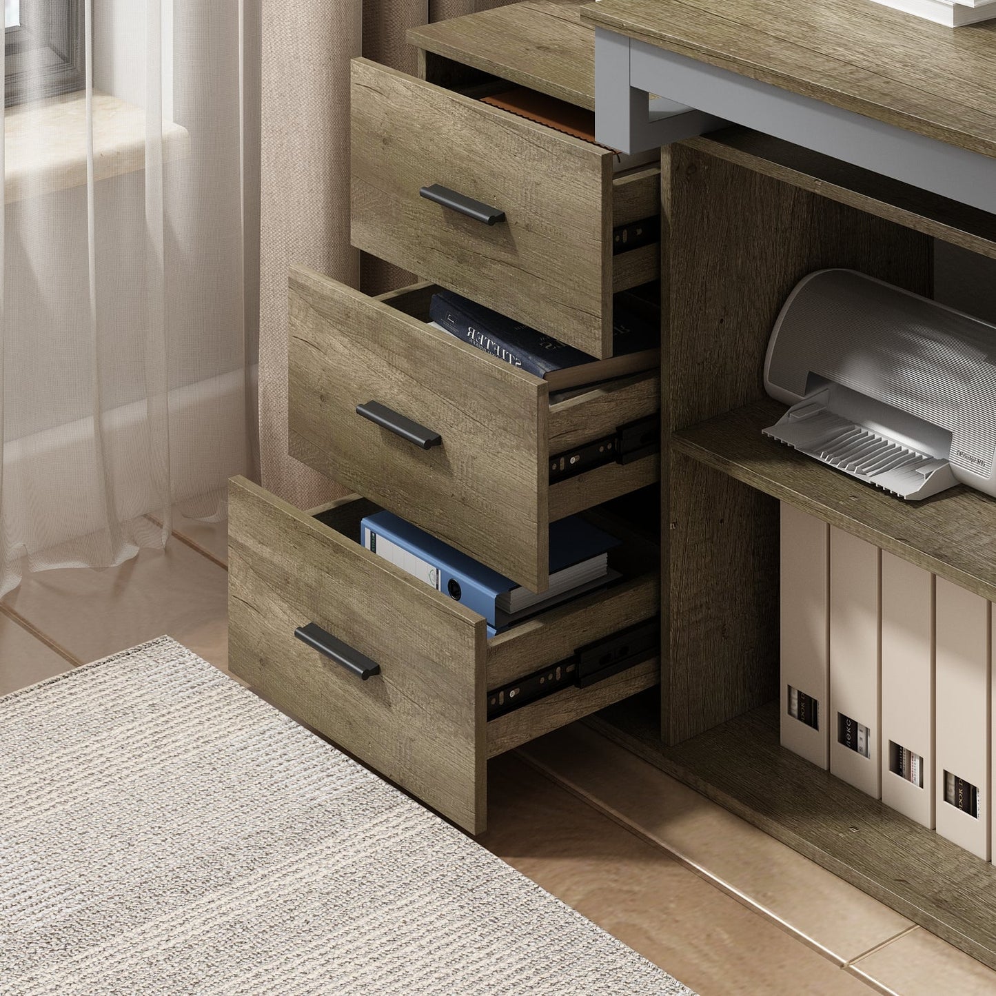 Bureau d'angle en L de 55 pouces avec étagères et tiroirs 