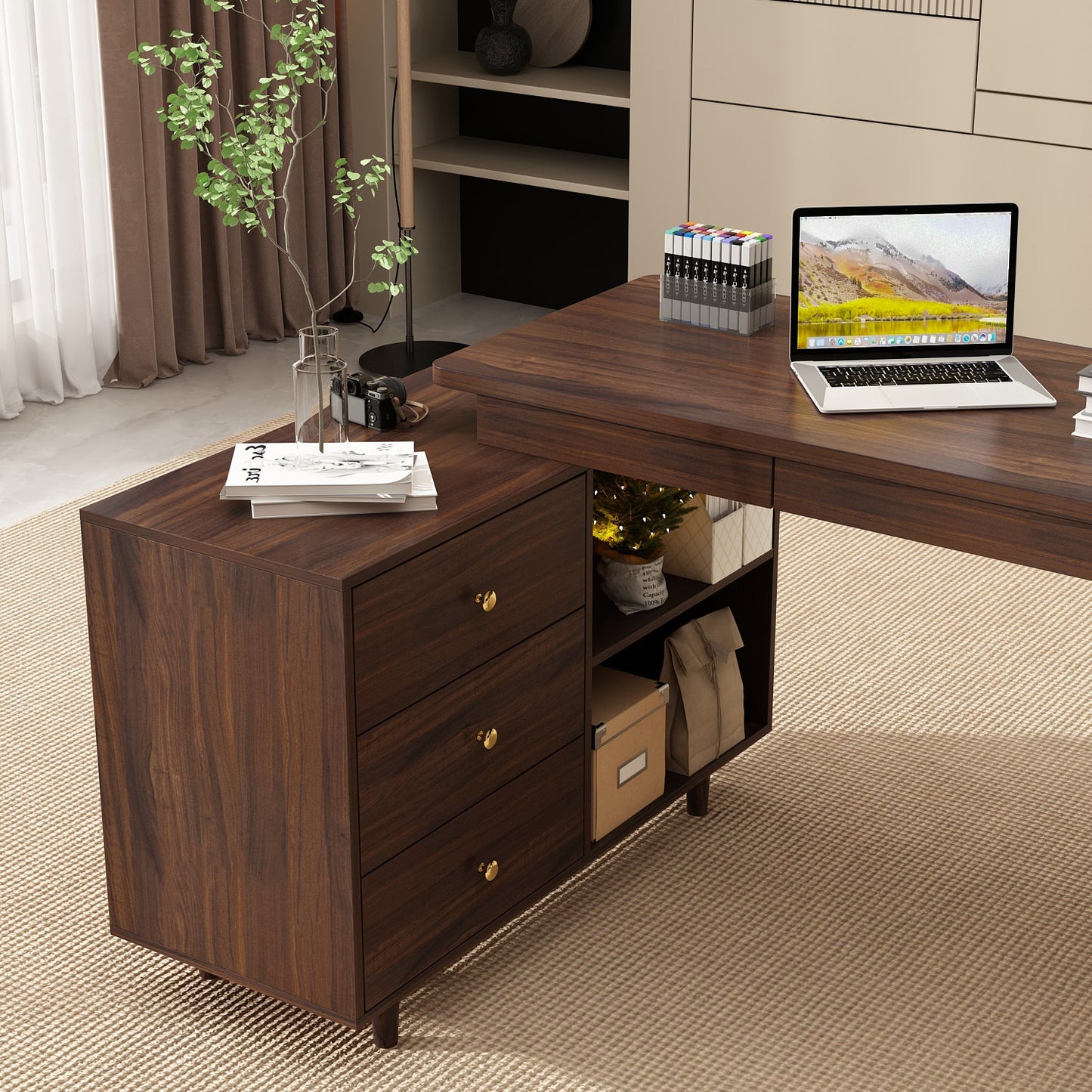 Bureau d'ordinateur en forme de L pour bureau à domicile, bureau moderne avec 3 tiroirs et pieds en bois