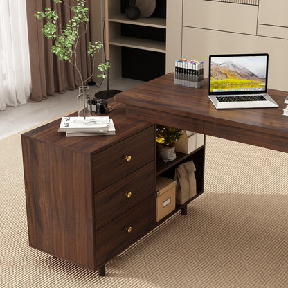 Bureau d'ordinateur en forme de L pour bureau à domicile, bureau moderne avec 3 tiroirs et pieds en bois