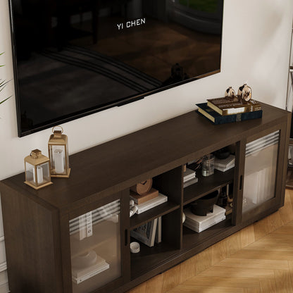 Meuble TV de rangement de 66 pouces de large avec portes coulissantes en verre