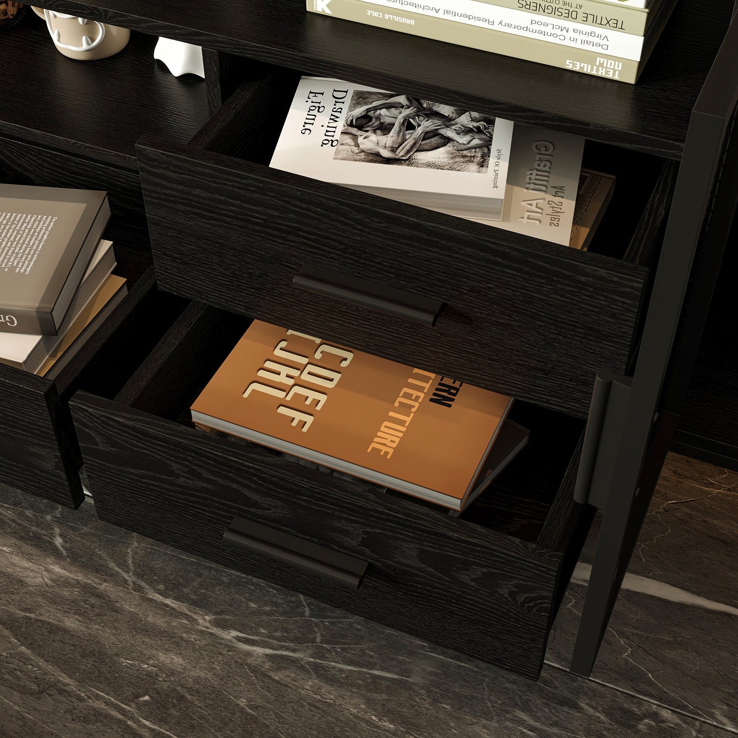 Meuble TV noir élégant avec centre multimédia : design moderne et grand espace de rangement