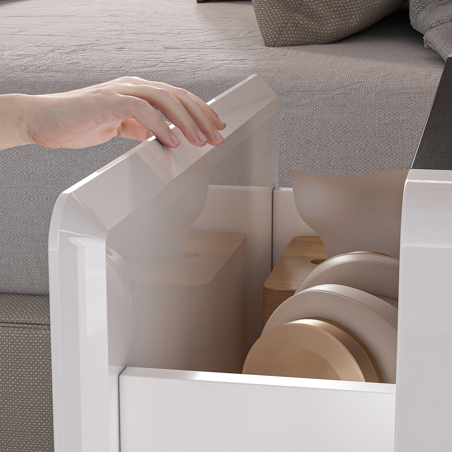 Table de chevet laquée brillante avec éclairage LED et 2 tiroirs