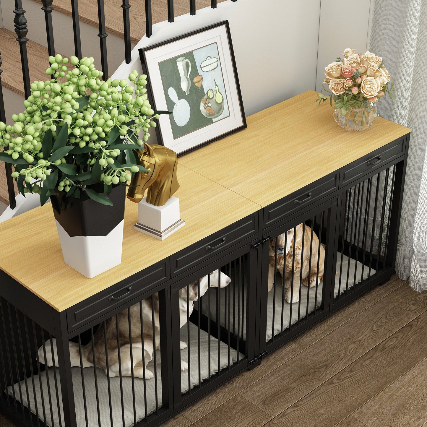 Meuble pour grande cage de chien avec séparateurs et 4 tiroirs