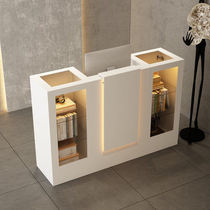 Comptoir d'accueil de 150 cm de large avec vitrines, éclairage LED et verre transparent