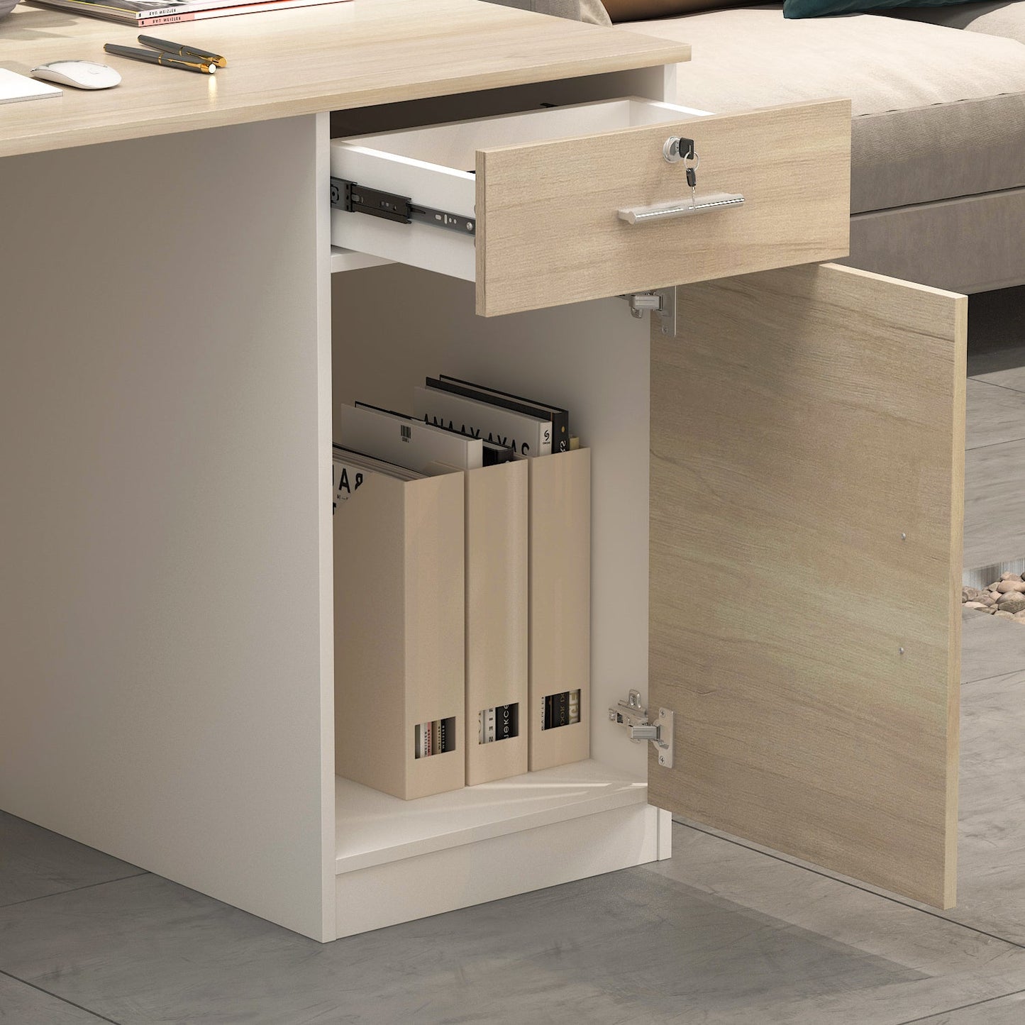 Bureau d'accueil avec comptoir et armoires de classement pour la caisse et la vente au détail 