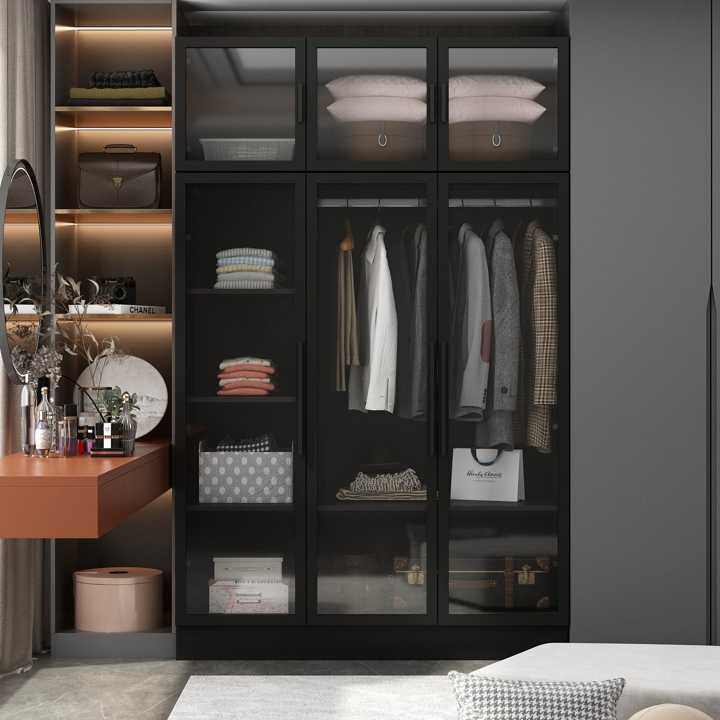 Grande armoire de chambre à coucher avec rangement pour vêtements, éclairage LED et portes vitrées