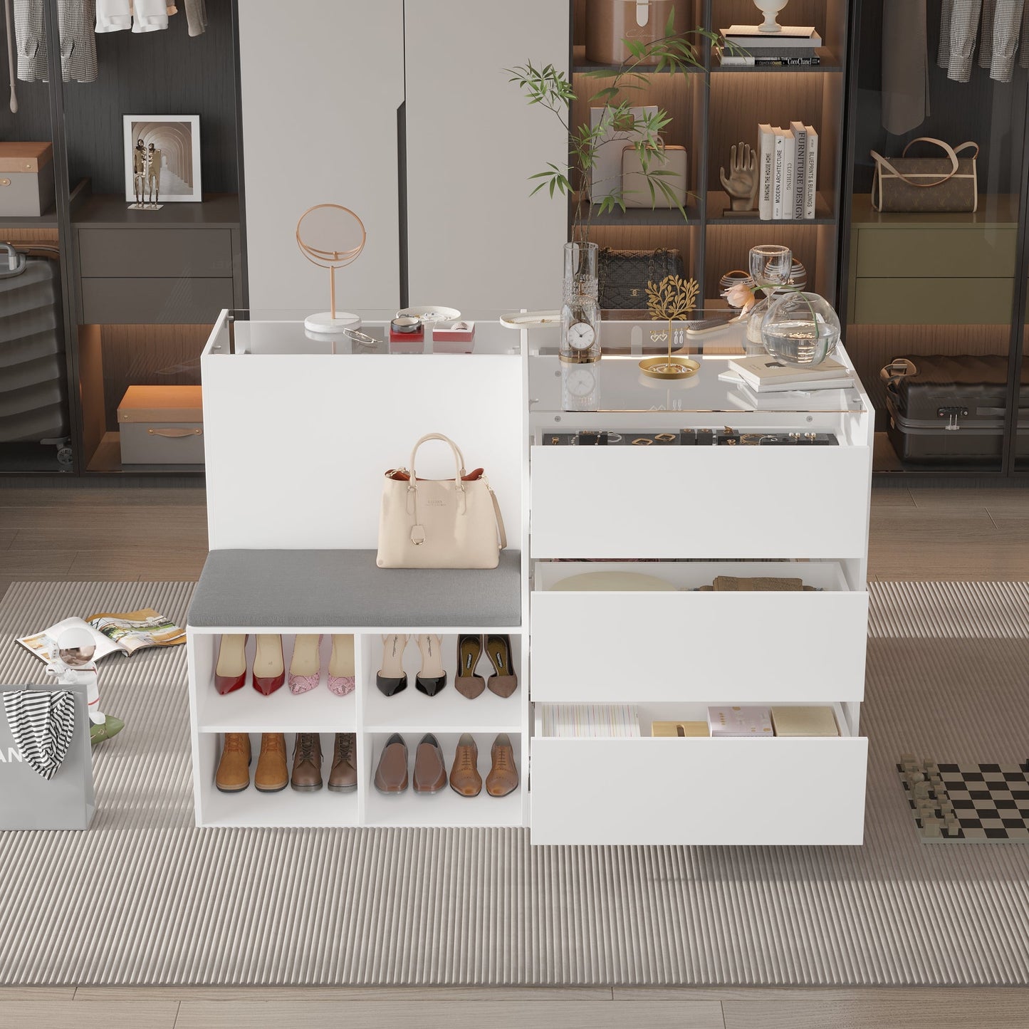 Commode à 9 tiroirs et 4 étagères avec plateau et banquette confortable