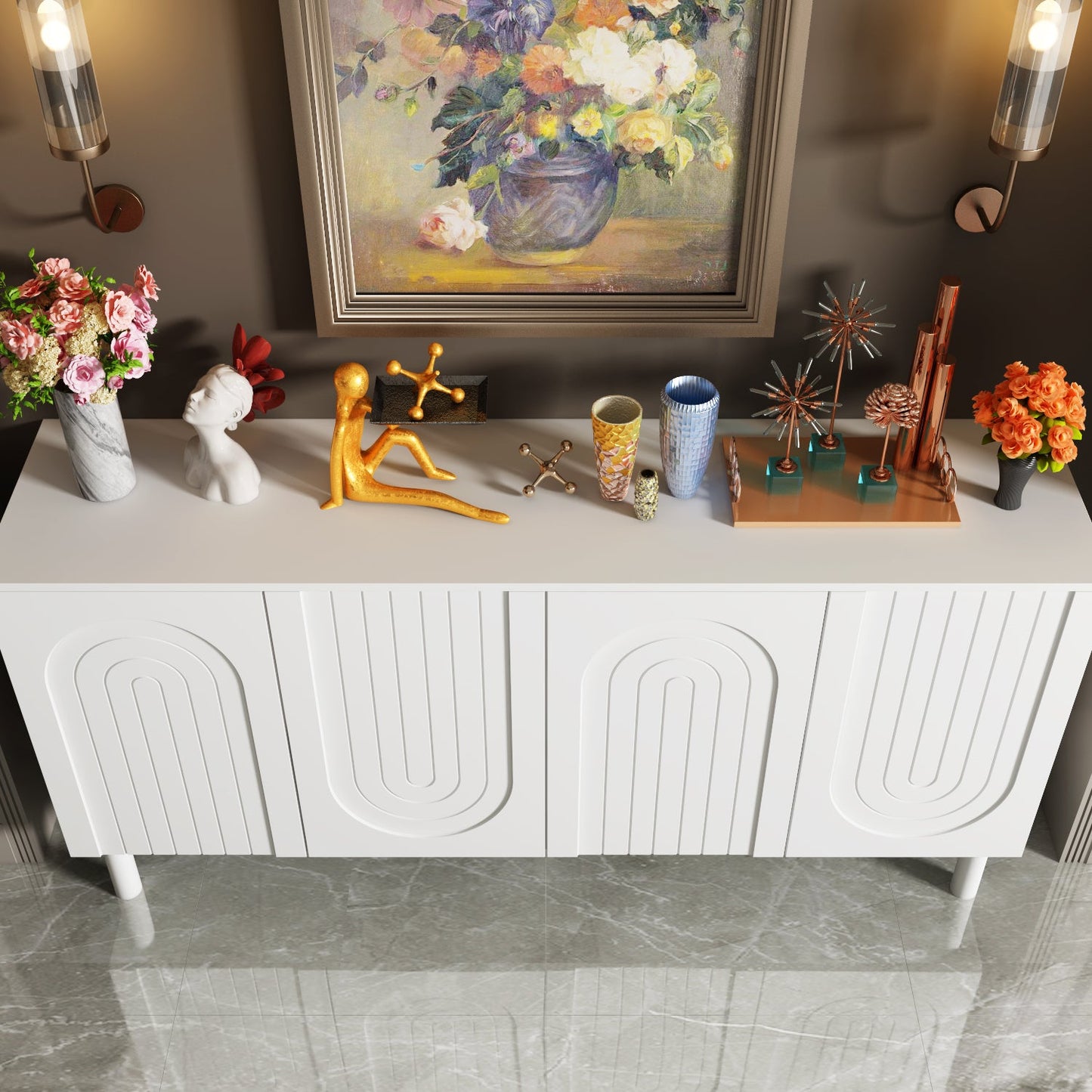 Buffet console en finition blanche, 4 portes en forme de U