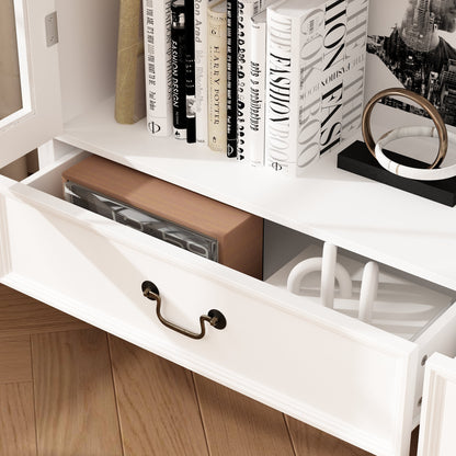 Bibliothèque blanche cintrée à 5 niveaux avec portes et tiroirs en verre, 77 po H x 50 po L