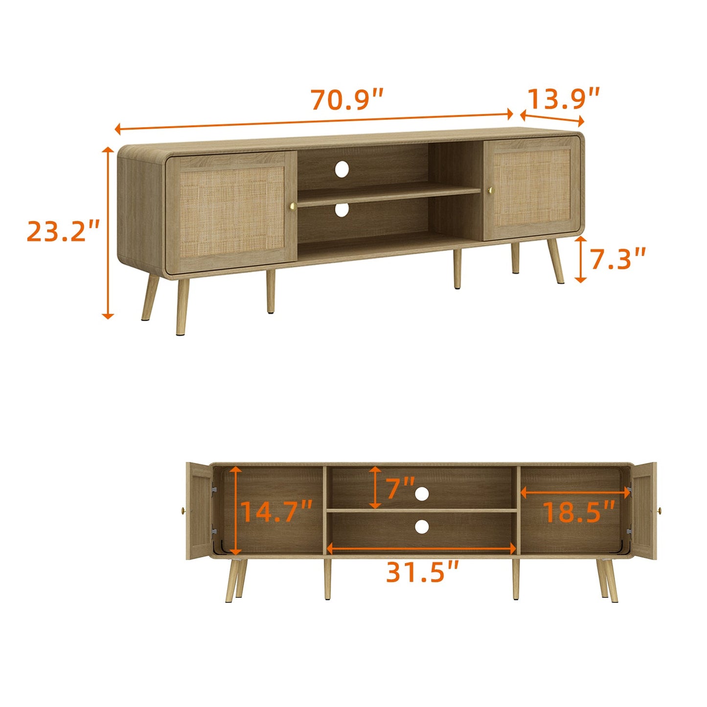 Meuble TV/console multimédia de 70,9 pouces de large avec 2 étagères ouvertes et portes en rotin
