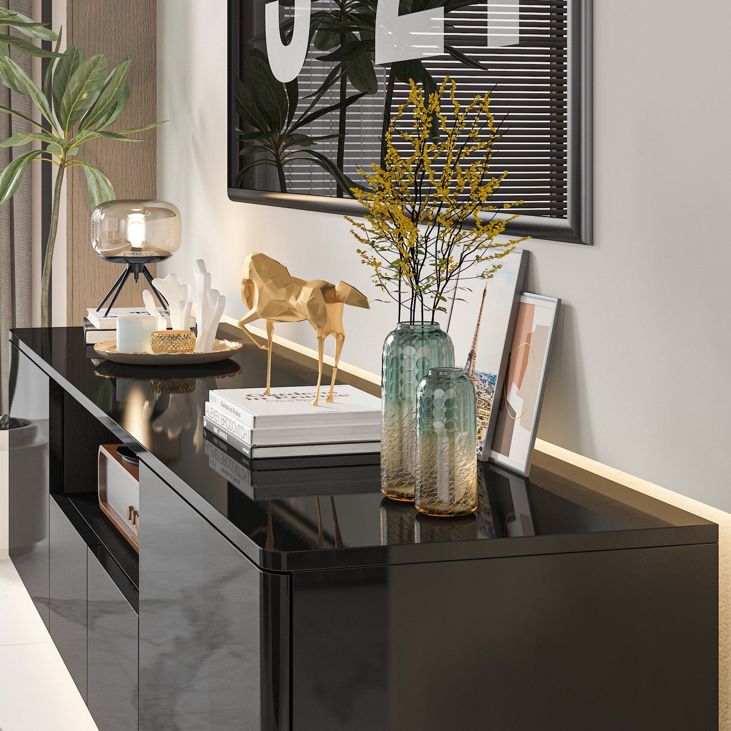 Meuble TV LED, console, centre multimédia, finition brillante