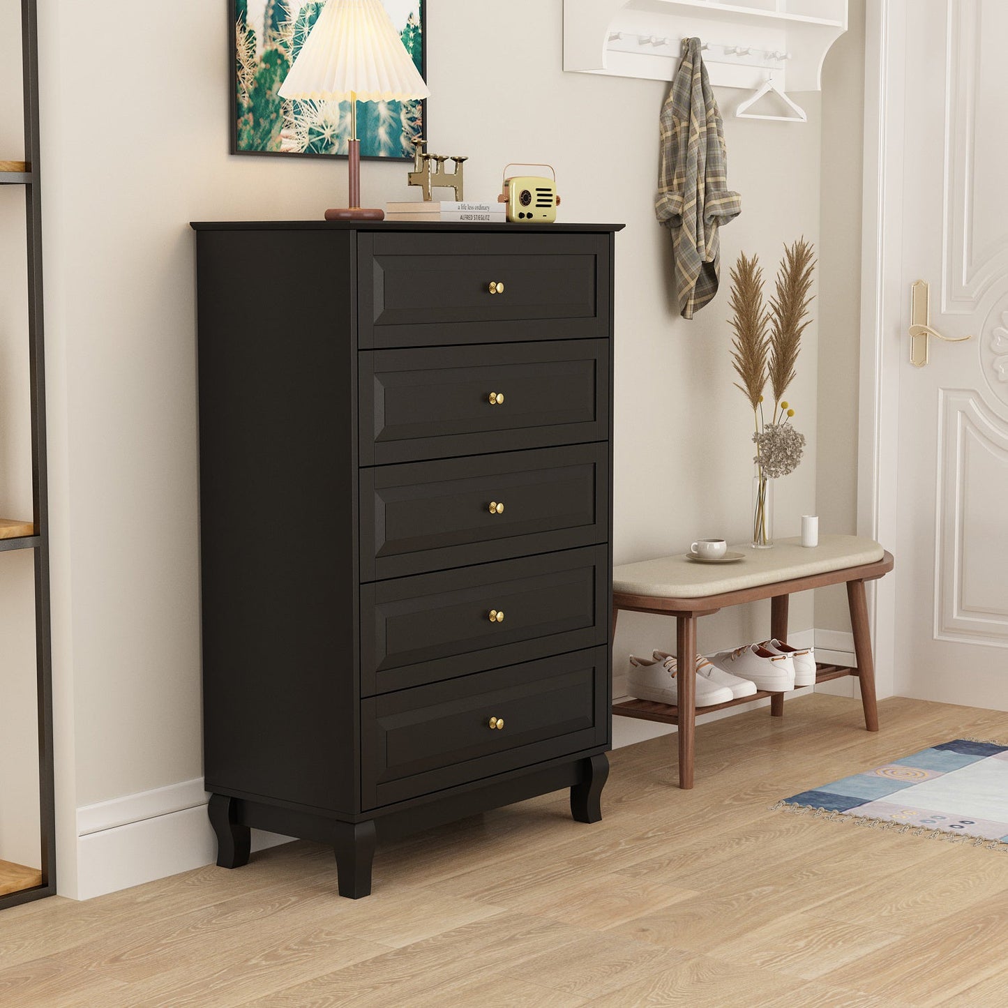 Meuble de présentation vertical moderne en bois noir à 5 tiroirs