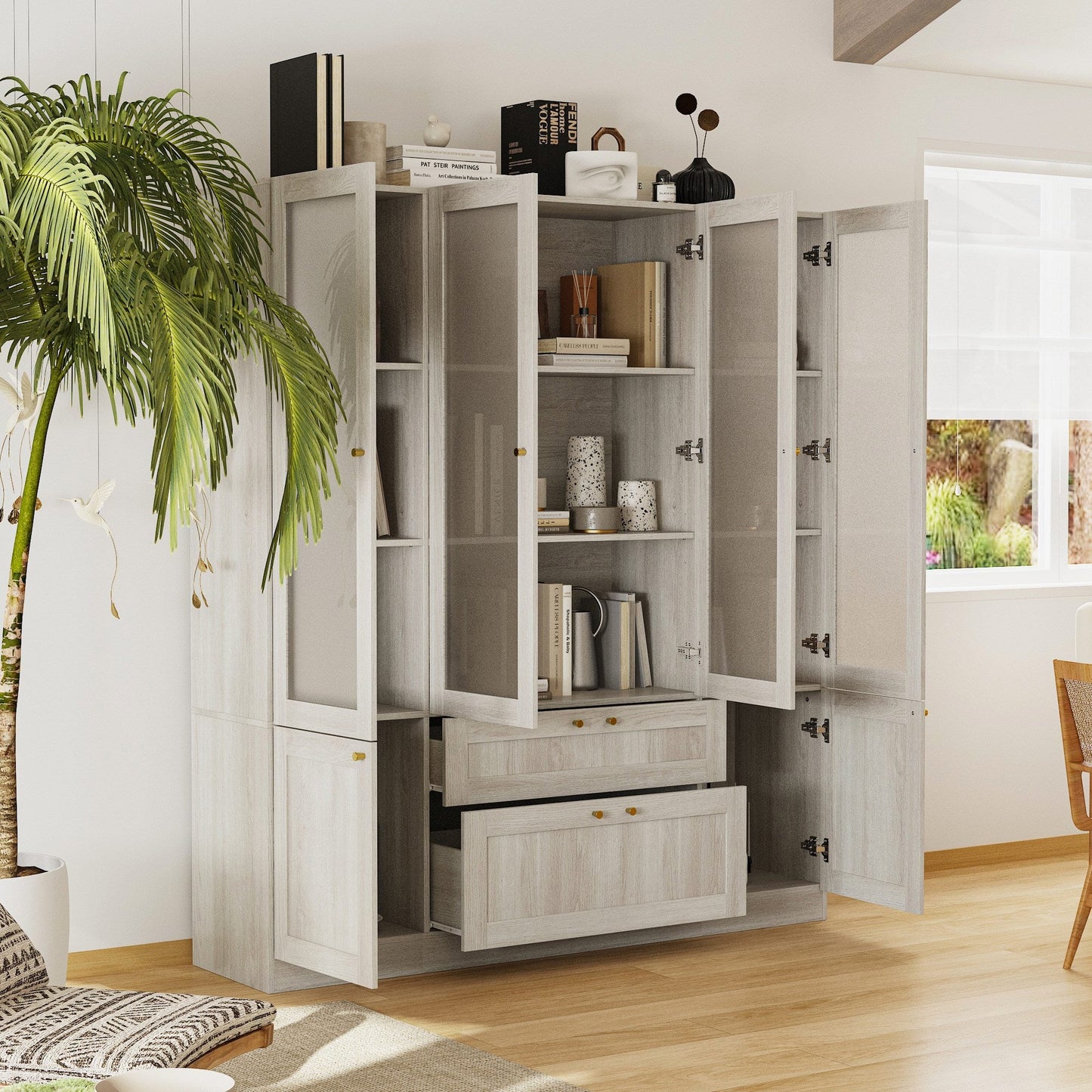 Bibliothèque modulaire à 4 tiroirs avec portes en verre dépoli, 71 po H x 126 po L