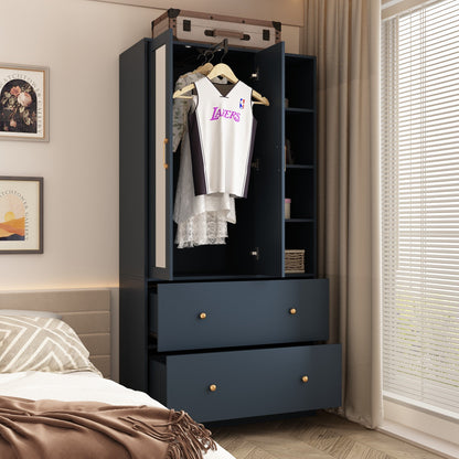 Armoire de rangement à 2 portes, 2 tiroirs et 1 miroir pour chambre à coucher