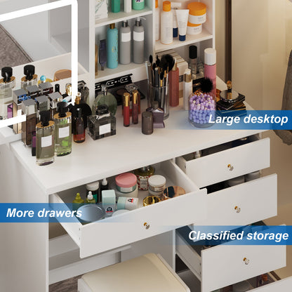 Ensemble coiffeuse avec miroir coulissant éclairé, tabouret rembourré, 5 tiroirs et étagères