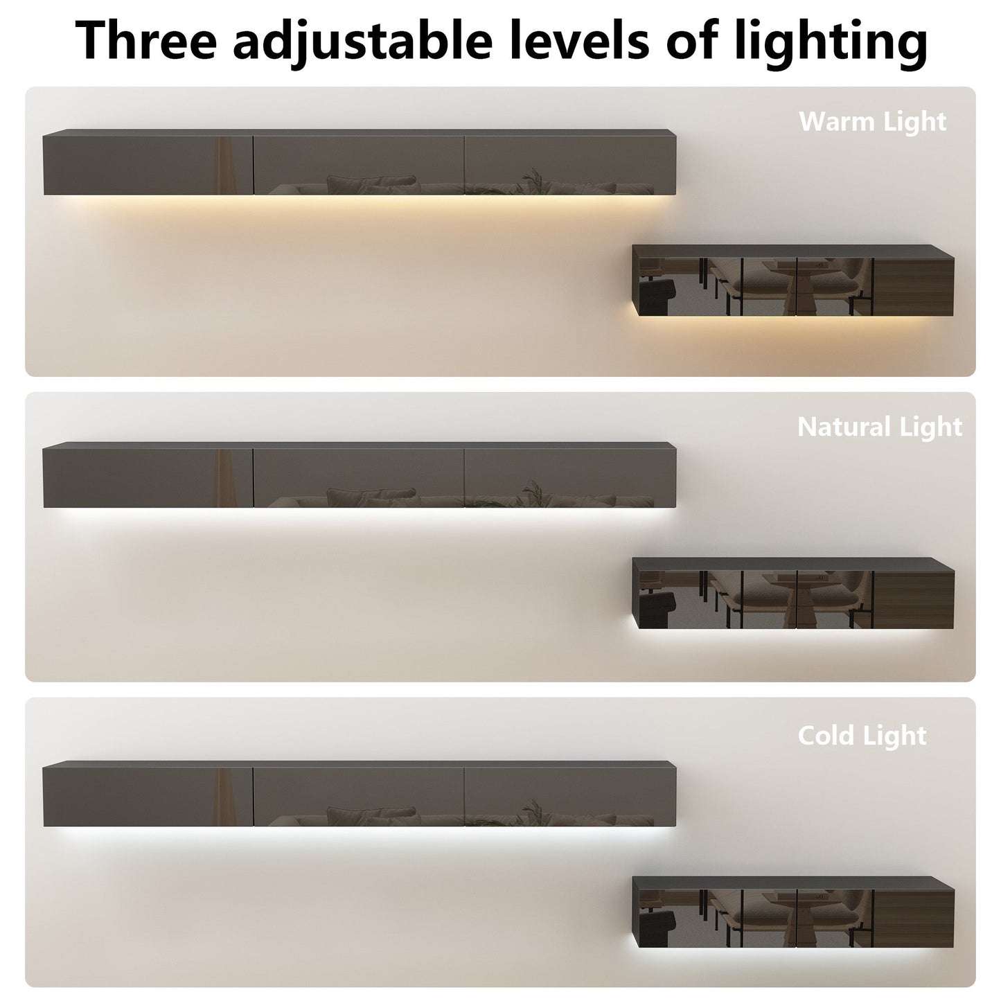 Meuble TV 2 pièces laqué brillant avec éclairage