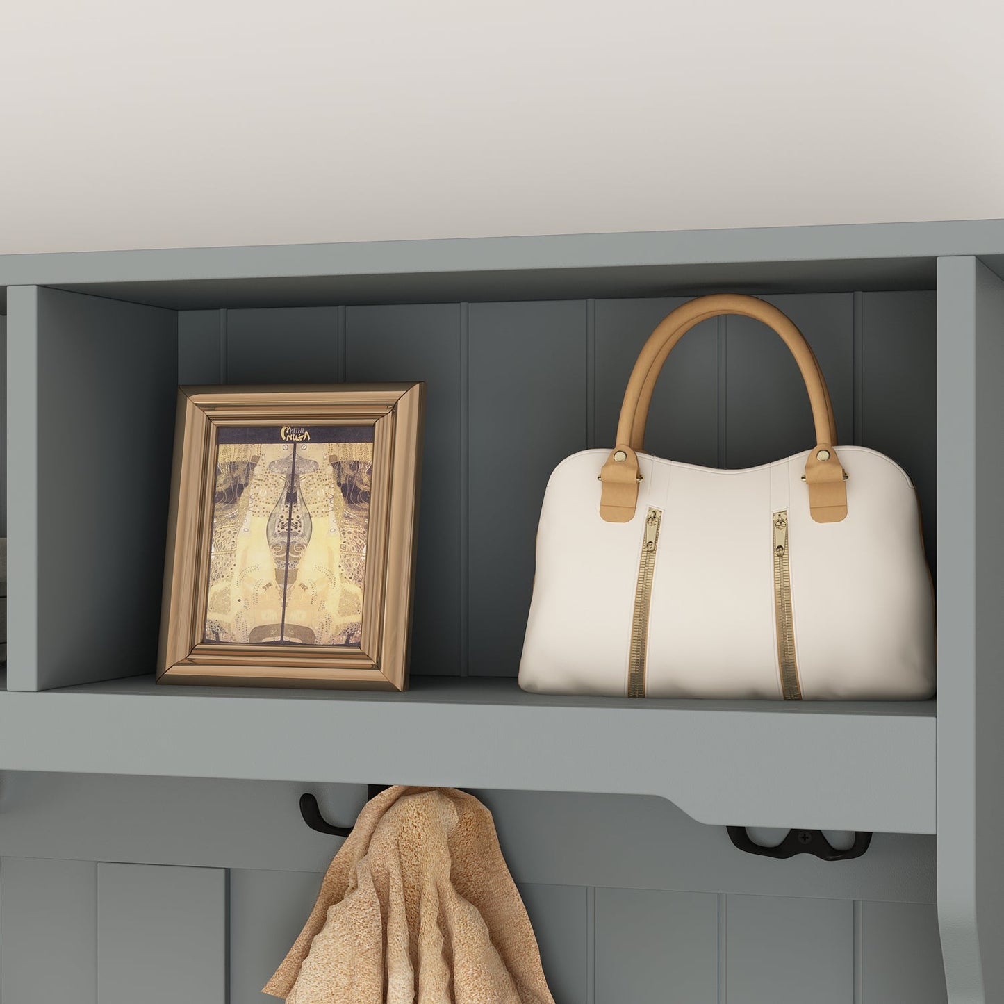 Meuble d'entrée moderne 4 en 1 avec banc de rangement, porte-manteau, étagères et tiroirs pour entrée ou salon