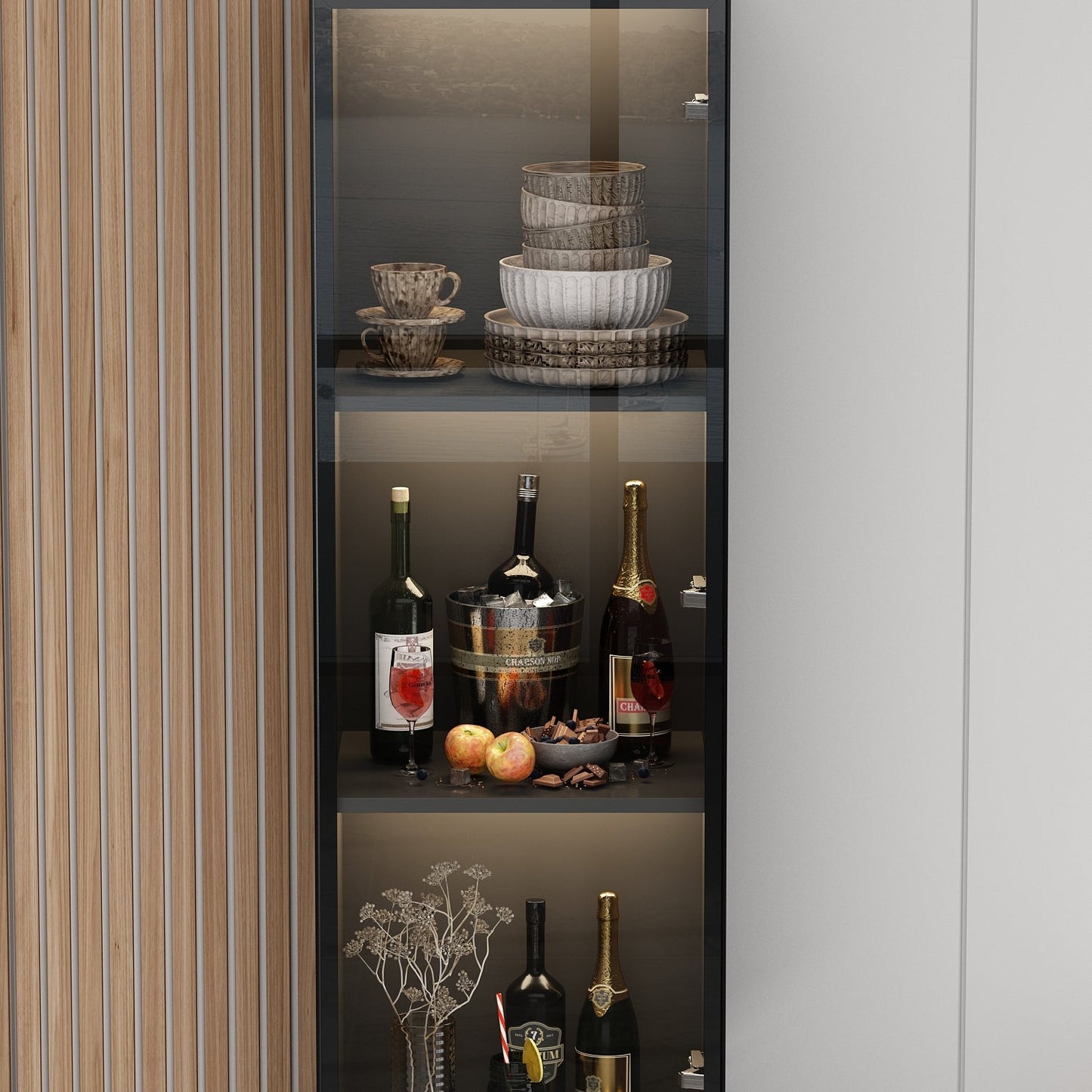 Vitrine de rangement avec éclairage LED et portes en verre trempé