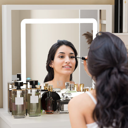 Ensemble coiffeuse avec miroir coulissant éclairé, tabouret rembourré, 5 tiroirs et étagères