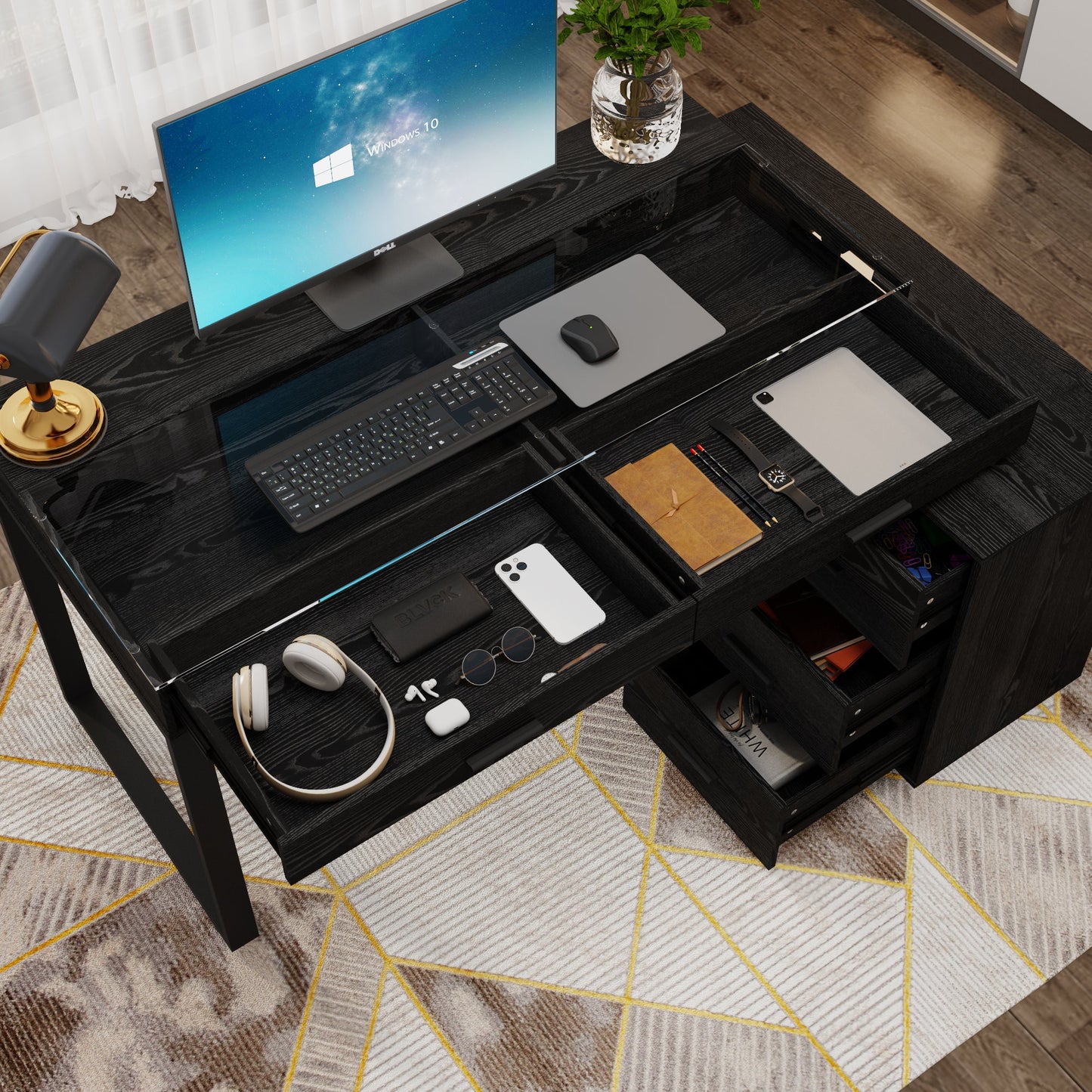 Bureau d'ordinateur à 5 tiroirs de 149 cm de large avec plateau en verre