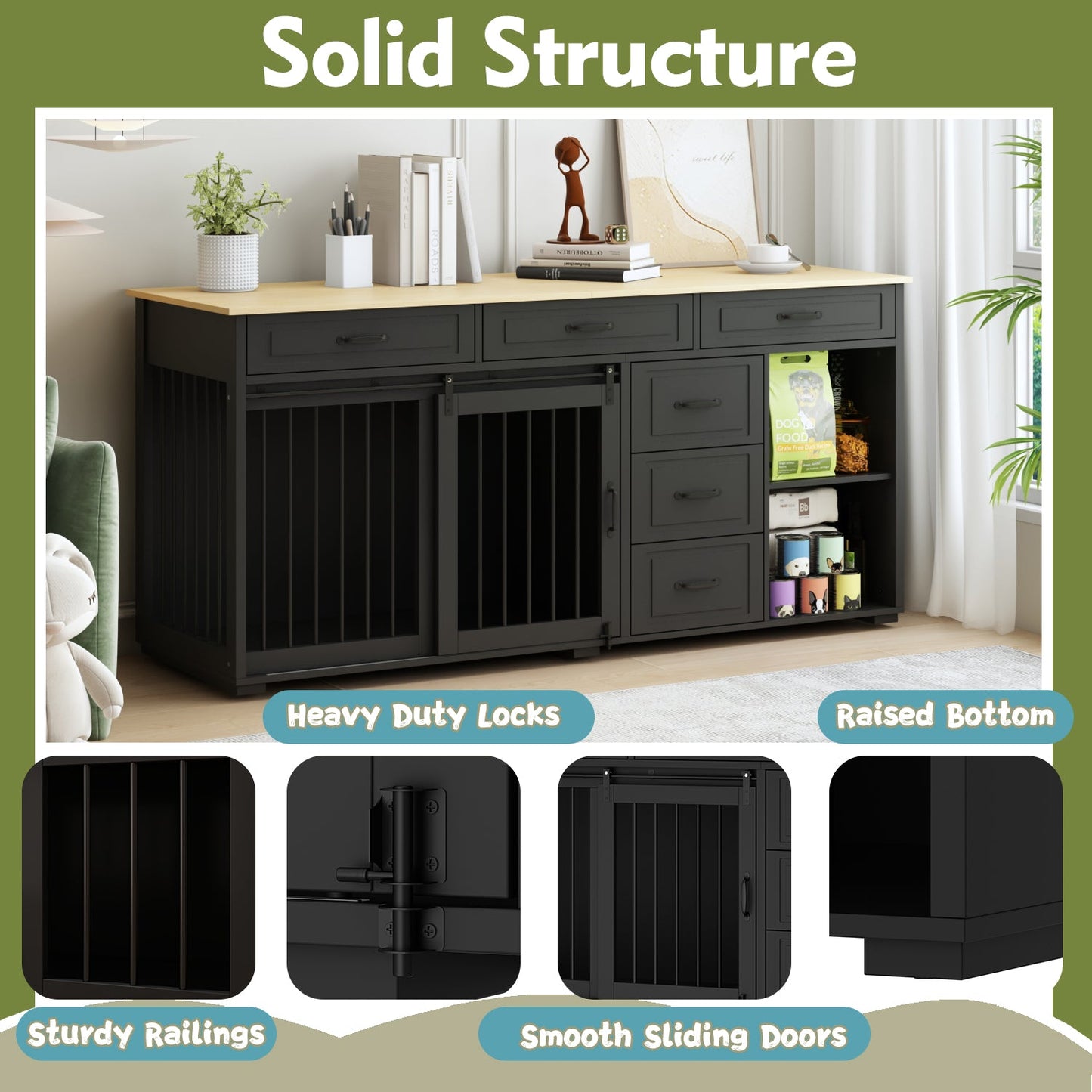 Cage pour chien à 6 tiroirs et 2 compartiments avec porte de style grange