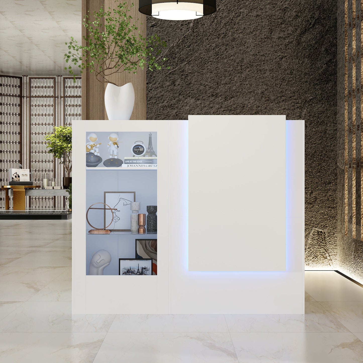 Comptoir d'accueil moderne à éclairage LED avec étagères ouvertes et compartiments de rangement