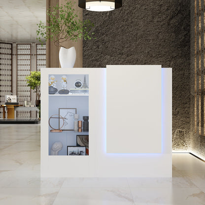 Comptoir d'accueil moderne à éclairage LED avec étagères ouvertes et compartiments de rangement