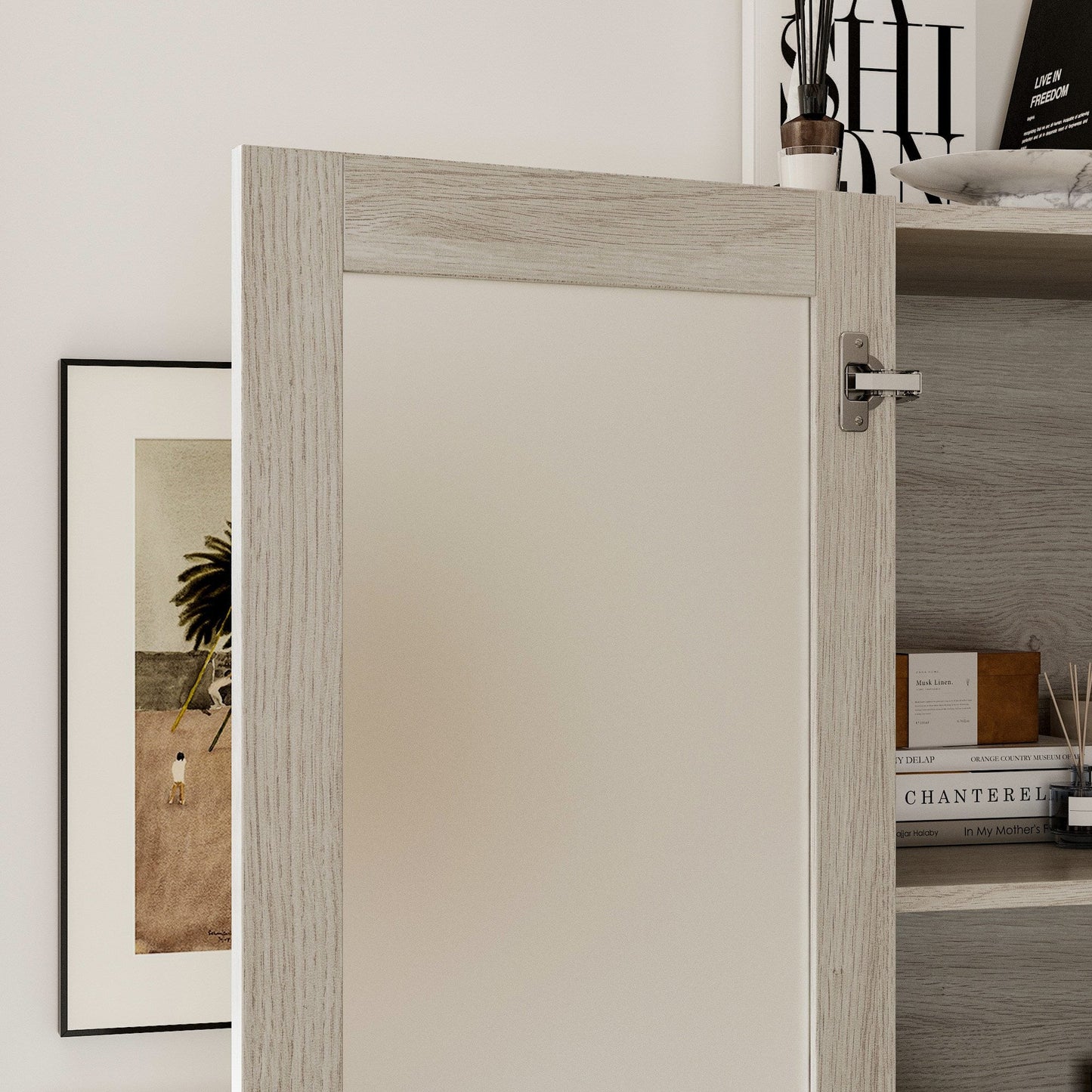 Bibliothèque modulaire à 4 tiroirs avec portes en verre dépoli, 71 po H x 126 po L