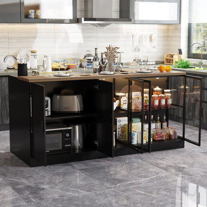 Îlot de cuisine 77,6 po avec porte vitrée, 3 tiroirs, éclairage double face